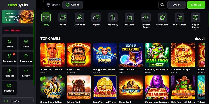 National Casino interface showcasing slots and games