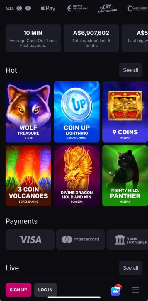 Skycrown app interface showing game categories and login screen