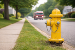 Yellow fire hydrant on suburban street